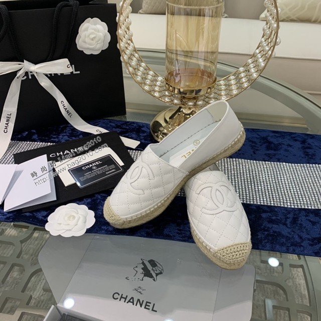 chanel2022最新頂級綿羊皮單鞋 香奈兒米白皮電繡拼色漁夫鞋 dx3519